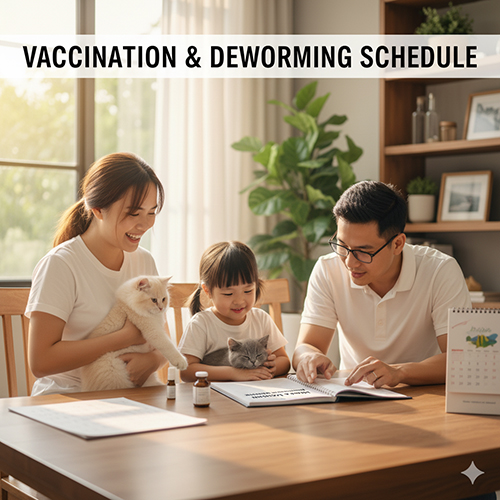 Gia đình trẻ xem lịch tiêm và tẩy giun cho mèo Anh con trên bàn, thể hiện sự chuẩn bị kỹ lưỡng trước khi chăm sóc bé