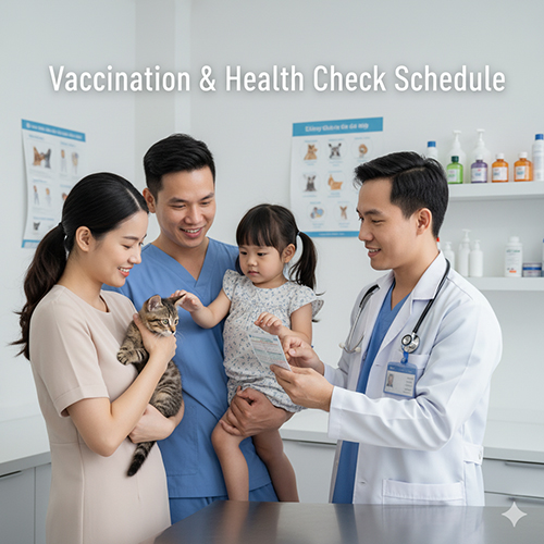Gia đình đưa mèo con khám thú y: lịch FVRCP, dại, tẩy giun và kiểm tra sức khỏe theo mốc 8–12 tuần, 14–16 tuần, 5–6 tháng, 12 tháng