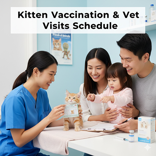 Bác sĩ thú y tiêm phòng và kiểm tra sức khỏe cho mèo con trong khi gia đình quan sát, minh họa lịch tiêm – tẩy và khám định kỳ cho mèo con.