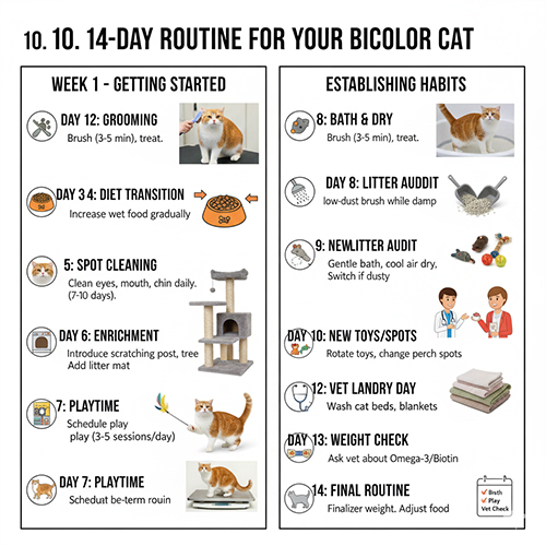 Lộ trình 14 ngày chăm sóc mèo vàng trắng bicolor vào nếp sinh hoạt