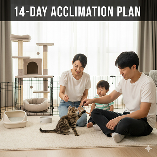 Gia đình chơi với mèo con trong phòng neo an toàn; minh họa lộ trình 14 ngày làm quen, routine chơi–ăn ẩm–khay–ngủ