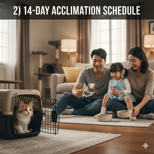 Lộ trình 14 ngày giúp mèo con làm quen nhà mới: giảm stress, thiết lập routine ăn – chơi – ngủ – vệ sinh an toàn.