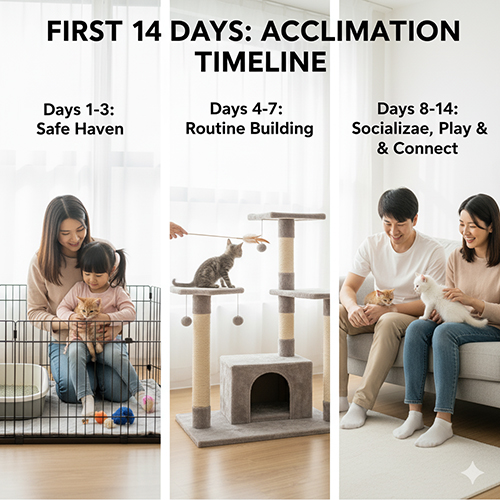 Ba giai đoạn làm quen mèo con trong 14 ngày đầu: an toàn, thiết lập routine và gắn kết xã hội, minh họa bằng hình ảnh gia đình và mèo con.