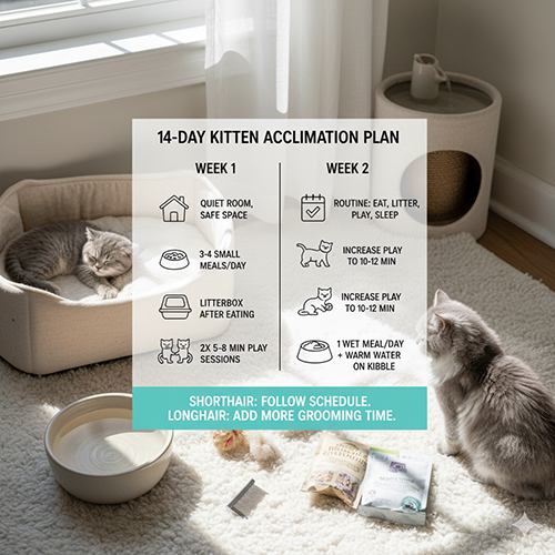 Hai bé mèo Anh con đang nằm nghỉ và chơi trong phòng có ánh nắng – minh họa kế hoạch 14 ngày giúp mèo con làm quen môi trường và vào nếp sinh hoạt