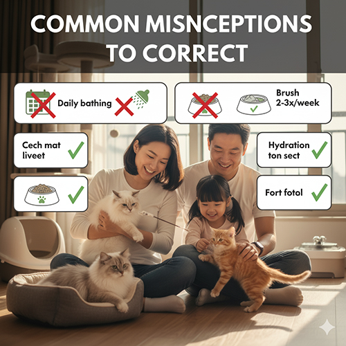 Gia đình vui vẻ chơi với mèo trong phòng khách, kèm các biểu tượng minh họa những quan niệm sai lầm khi chăm mèo.