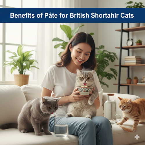 Cô gái cho mèo Anh lông ngắn ăn pate trên ghế sofa, bên cạnh hai mèo khác và ly nước, minh họa lợi ích của thức ăn ướt