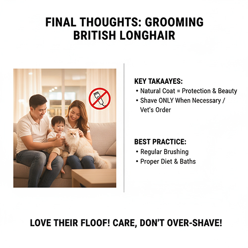 Lời kết – Grooming mèo Anh lông dài, hình ảnh gia đình hạnh phúc bên mèo British Longhair trắng trong phòng khách, kèm biểu tượng “không nên cạo lông quá mức”.