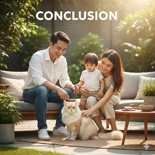 Gia đình vui vẻ chơi cùng mèo Anh lông dài ngoài sân vườn, chú mèo có bộ lông dài mượt và khỏe mạnh.