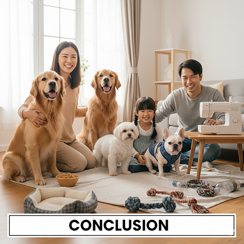 Gia đình vui vẻ bên bốn chú chó và các đồ dùng như nệm, dây kéo co và máy may trong phòng khách