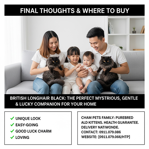 Lời kết và gợi ý mua mèo Anh lông dài đen – chọn nơi uy tín, chăm sóc tốt và ý nghĩa phong thủy của British Longhair Black