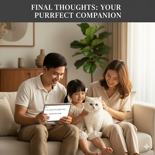 Gia đình ba người hạnh phúc ngồi trên ghế sofa cùng mèo Anh lông dài trắng, cười tươi khi xem bảng giá mèo trên máy tính bảng