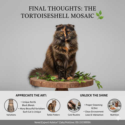 mèo đồi mồi ngồi trên bục gỗ với các biểu tượng gợi ý về biến thể tortie chăm sóc và dinh dưỡng