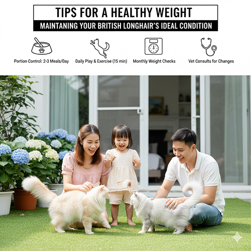 Gia đình chơi đùa cùng hai mèo Anh lông dài ngoài sân vườn, minh họa các mẹo giúp mèo duy trì cân nặng lý tưởng.