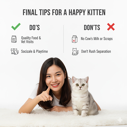 Cô gái nằm cạnh mèo Anh lông ngắn con trên nền trắng, minh họa bảng do’s và don’ts khi chăm sóc mèo con