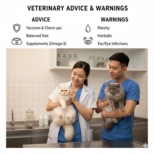 Hai bác sĩ thú y bế mèo Anh lông dài màu trắng và xám trong phòng khám, minh họa lời khuyên và cảnh báo sức khỏe cho mèo ALD.