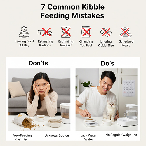 So sánh cách cho mèo Anh lông ngắn ăn sai và đúng, minh họa các lỗi phổ biến khi cho ăn hạt