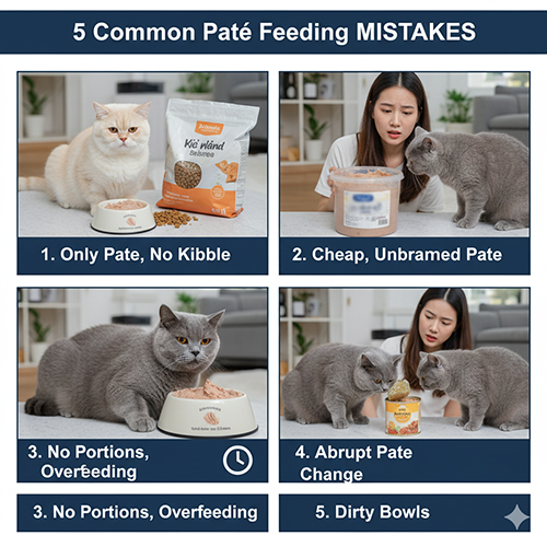 Các lỗi thường gặp khi cho mèo Anh lông ngắn ăn pate, gồm chỉ ăn pate không ăn hạt, mua hàng trôi nổi, cho ăn quá nhiều, đổi pate đột ngột và bát bẩn
