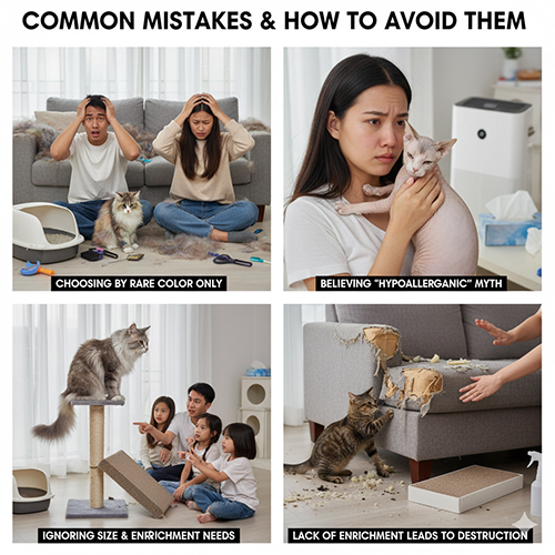 Bộ ảnh minh họa các lỗi phổ biến khi chọn giống mèo như chọn theo màu hiếm, tin mèo không dị ứng, bỏ qua nhu cầu vận động và không gian