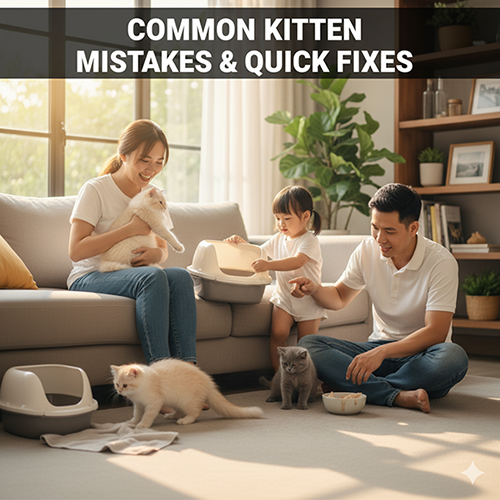 Gia đình trẻ chăm sóc và dạy mèo Anh con sử dụng khay cát, thể hiện những lỗi phổ biến và cách khắc phục khi mới đón mèo về nhà