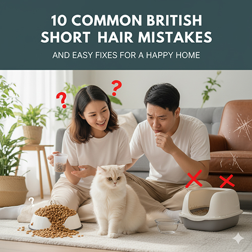 Cặp đôi bối rối nhìn mèo Anh lông ngắn bên cạnh bát hạt đổ và khay cát sai vị trí – minh họa các lỗi phổ biến khi nuôi mèo Anh lông ngắn và cách khắc phục