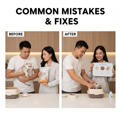 Cặp đôi sửa lỗi khi chăm mèo Anh lông ngắn con, so sánh hình before và after với khay cát và hướng dẫn đúng cách