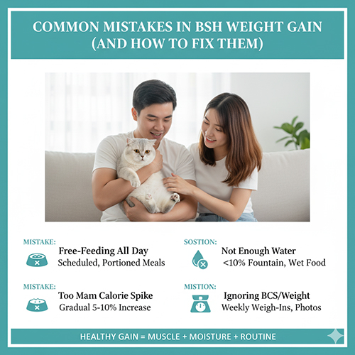 Cặp đôi ôm mèo Anh lông ngắn trong phòng khách, minh họa lỗi thường gặp khi tăng cân cho mèo