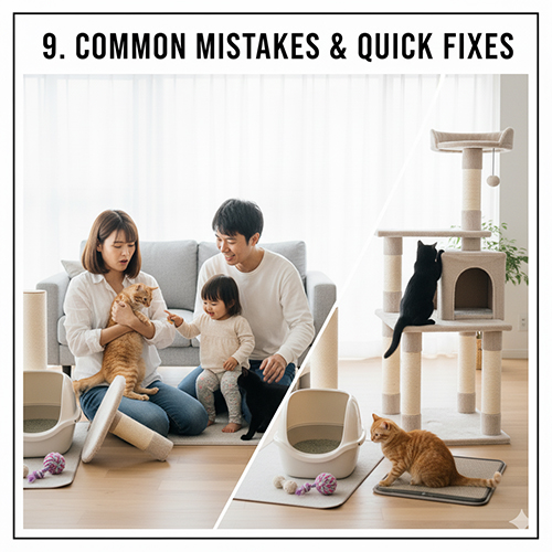 Gia đình điều chỉnh lại khay cát và nhà cây cho hai chú mèo, minh họa các lỗi thường gặp khi set-up phụ kiện và cách khắc phục.