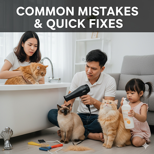 Gia đình đang tắm và sấy cho mèo, minh họa cho những lỗi thường gặp và cách khắc phục nhanh trong quá trình chăm sóc lông mèo.