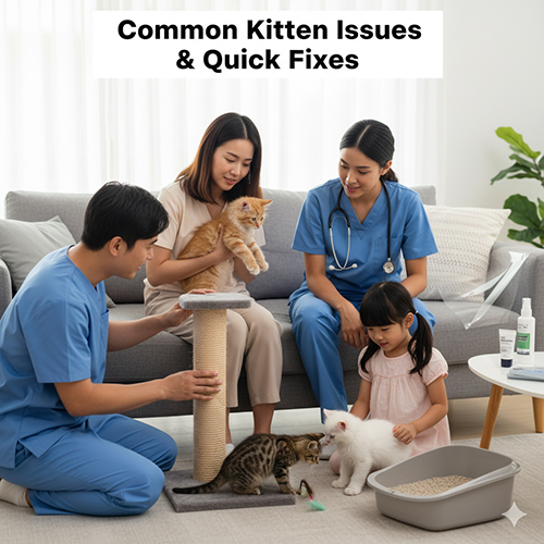 Bác sĩ thú y hướng dẫn gia đình cách xử lý các vấn đề thường gặp ở mèo con như biếng ăn, cào phá, nôn búi lông và không đi khay đúng chỗ.