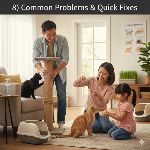 Các lỗi thường gặp khi nuôi mèo và cách xử lý nhanh: không đi khay, cào phá đồ, biếng ăn, nôn búi lông.