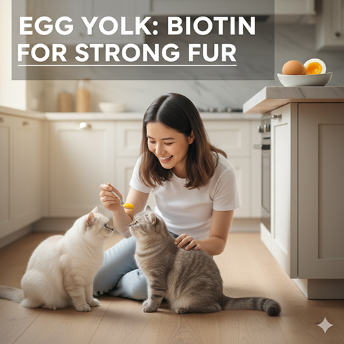 Mèo Anh lông ngắn đang được chủ cho ăn lòng đỏ trứng chín trong bếp sáng sủa, bên cạnh là đĩa trứng luộc.