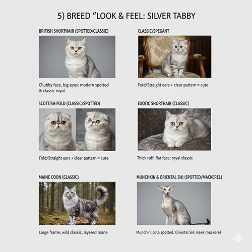 Silver tabby trên các giống mèo phổ biến với khác biệt về form, pattern và cảm quan thẩm mỹ
