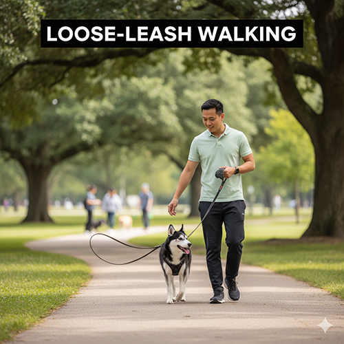 Bài tập đi dây lỏng – người huấn luyện dắt chó Husky đi thong thả trên đường công viên