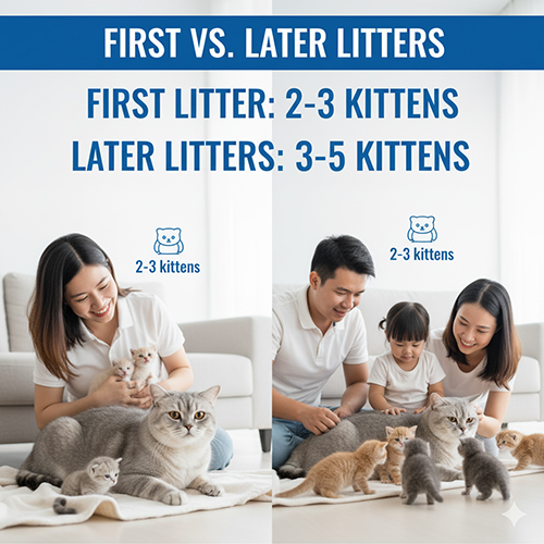 So sánh số con giữa lứa đầu và các lứa sau của mèo Anh lông ngắn, kèm hình ảnh mèo mẹ và đàn con trong gia đình Việt