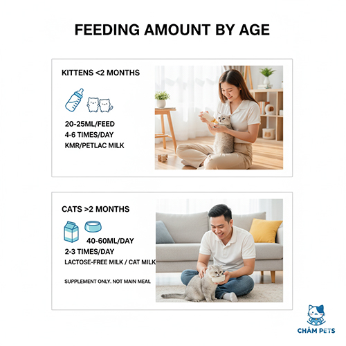 Bảng hướng dẫn lượng sữa cho mèo Anh lông ngắn theo độ tuổi, với hình ảnh chủ cho mèo con và mèo lớn uống sữa đúng cách.