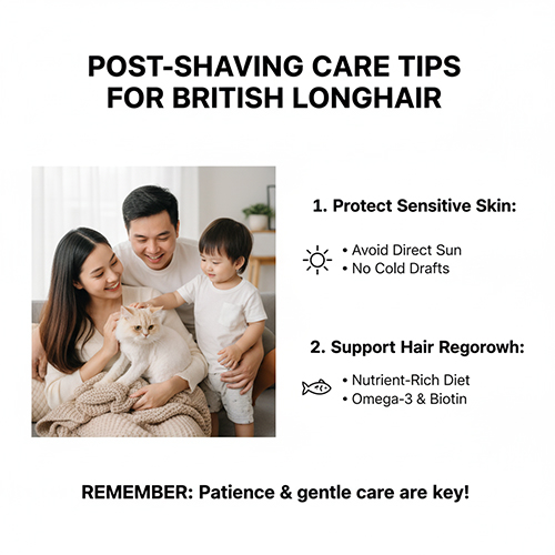 Lưu ý chăm sóc sau khi cạo lông mèo Anh lông dài – Hình ảnh gia đình vui vẻ vuốt ve mèo British Longhair trắng, minh họa các mẹo chăm sóc da và hỗ trợ mọc lông.