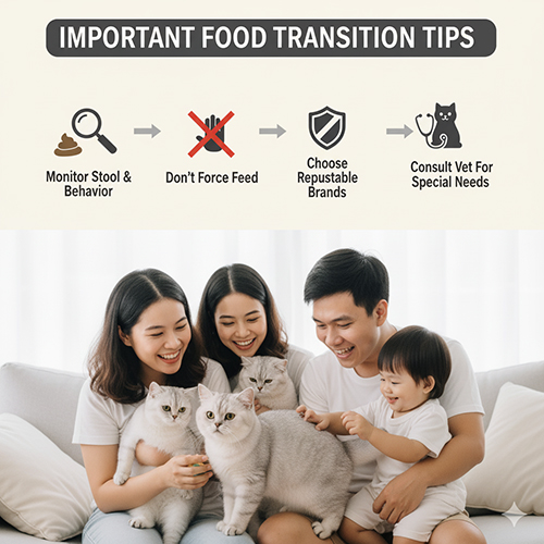 Gia đình vui vẻ ôm ba mèo Anh lông ngắn trong phòng khách, minh họa các lưu ý khi đổi thức ăn