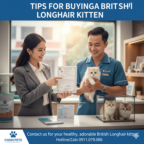 Nhân viên trại mèo Chạm Pets trao giấy chứng nhận và mèo Anh lông dài con cho khách hàng trong không gian sáng sủa, thân thiện