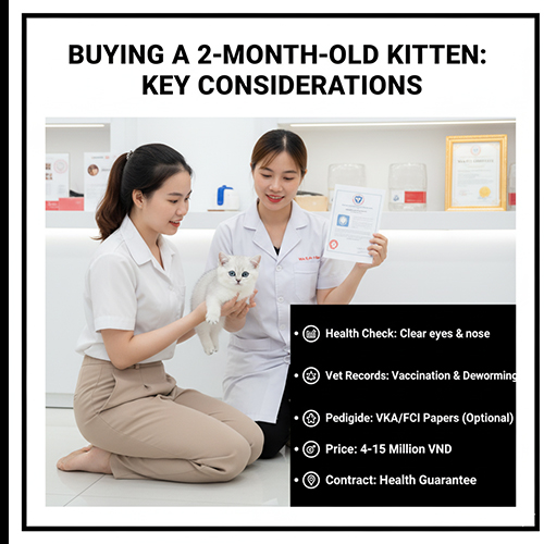 Bác sĩ thú y tư vấn cho khách hàng khi kiểm tra sức khỏe mèo Anh lông ngắn 2 tháng tuổi tại phòng khám thú y