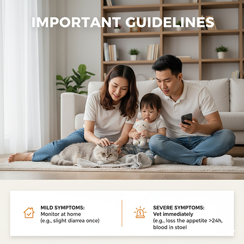 Gia đình trẻ ngồi trong phòng khách quan sát mèo Anh lông ngắn đang nằm nghỉ, minh họa cho hướng dẫn theo dõi và xử lý triệu chứng sức khỏe ở mèo