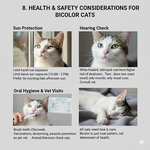 Các lưu ý về sức khỏe và an toàn cho mèo bicolor gồm chống nắng kiểm tra thính giác và chăm sóc định kỳ