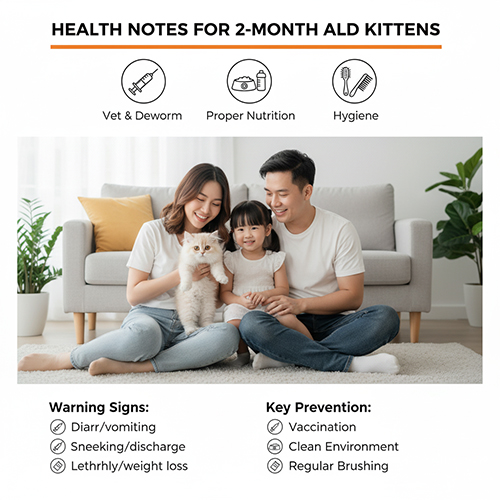Lưu ý sức khỏe mèo Anh lông dài 2 tháng tuổi – Hình ảnh gia đình chăm sóc mèo British Longhair con trắng trong phòng khách, minh họa các yếu tố tiêm phòng, dinh dưỡng và vệ sinh.