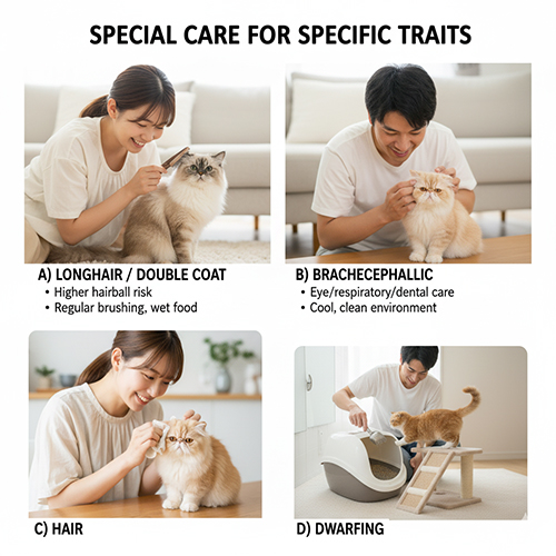 Bốn nhóm mèo có đặc điểm đặc thù cần chăm sóc riêng gồm lông dài, mặt ngắn, không lông và chân ngắn, minh họa các lưu ý sức khỏe theo từng nhóm.