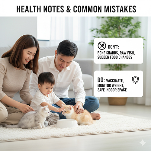 Gia đình trẻ vui đùa và cho mèo Anh lông ngắn 3 tháng tuổi ăn trong phòng khách, minh họa lưu ý sức khỏe và các sai lầm cần tránh
