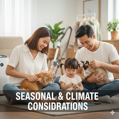 Gia đình đang chăm sóc lông cho mèo trong nhà có máy lọc không khí và máy hút bụi, minh họa cho lưu ý chăm mèo theo mùa và khí hậu Việt Nam.