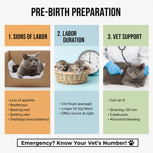 Infographic hướng dẫn chuẩn bị trước khi mèo Anh lông ngắn sinh con với các dấu hiệu và lưu ý quan trọng
