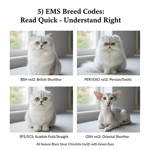 Các giống mèo Silver Chinchilla ns12 với mã EMS khác nhau như BSH, Persian, Scottish, Oriental