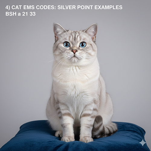 Mèo Silver Point mắt xanh, mask lynx rõ, minh họa cách đọc mã EMS cho silver point