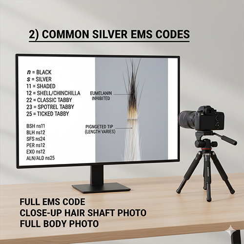 Bảng mã EMS mèo Silver với minh họa cấu trúc sợi lông và chóp lông