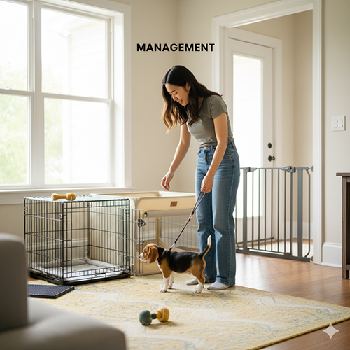 Quản lý trong huấn luyện chó – dùng crate, cổng chặn và dây dắt trong nhà để ngăn lỗi sai
